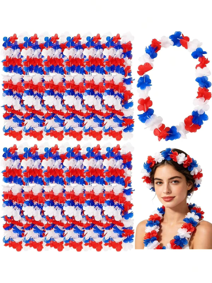10pcs/Set Patriotic Floral Wreath In Red, White And Blue, Wholesale Hawaiian Flower Garland Necklace For 4th Of July Independence Day, Memorial Day Party Decoration And Gifts