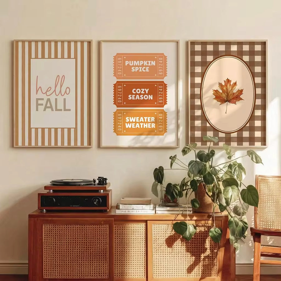 1/3pcs Cozy Fall Wall Art Gingham Maple Leaf Plaid Canvas Print Paintings|Modern Minimalist Autumn Wall Decor For Bedroom,Living Room Or Office Home Decor,Cottagecore Warm Neutral Room Decor,Rustic Farmhouse Aesthetic Poster,Gift For Her,Unframed